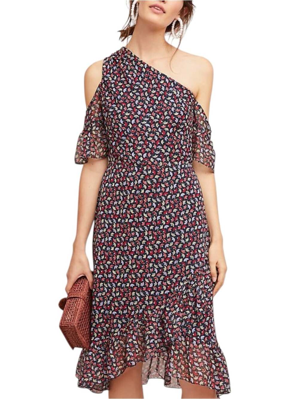 Shoshanna Silk Navy Floral One Shoulder Ruffle Chiffon Midi Dress 2